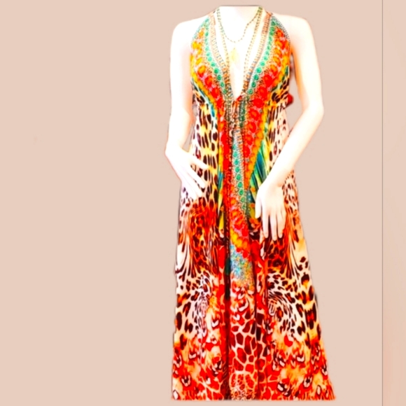 **LAST ONE***MANISH VAID Leopard Love Teal Orange Silk Hi-Lo Dress-NWT-OS - Picture 1 of 9